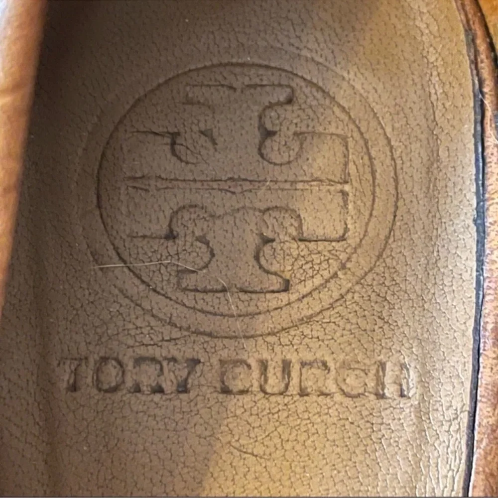 Tory Burch Cognac Leather Wedge Pumps with Gold Logo Accent
